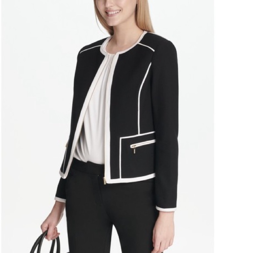 Calvin Klein Women's Contrast Trim Jacket Black Size 4, Black/White,